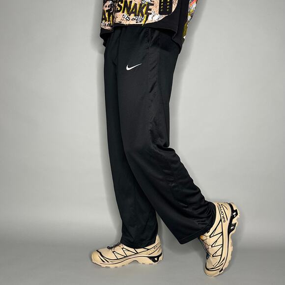 Nike Sweatpants Jet Black Polyester White Swoosh Baggy Wide Leg